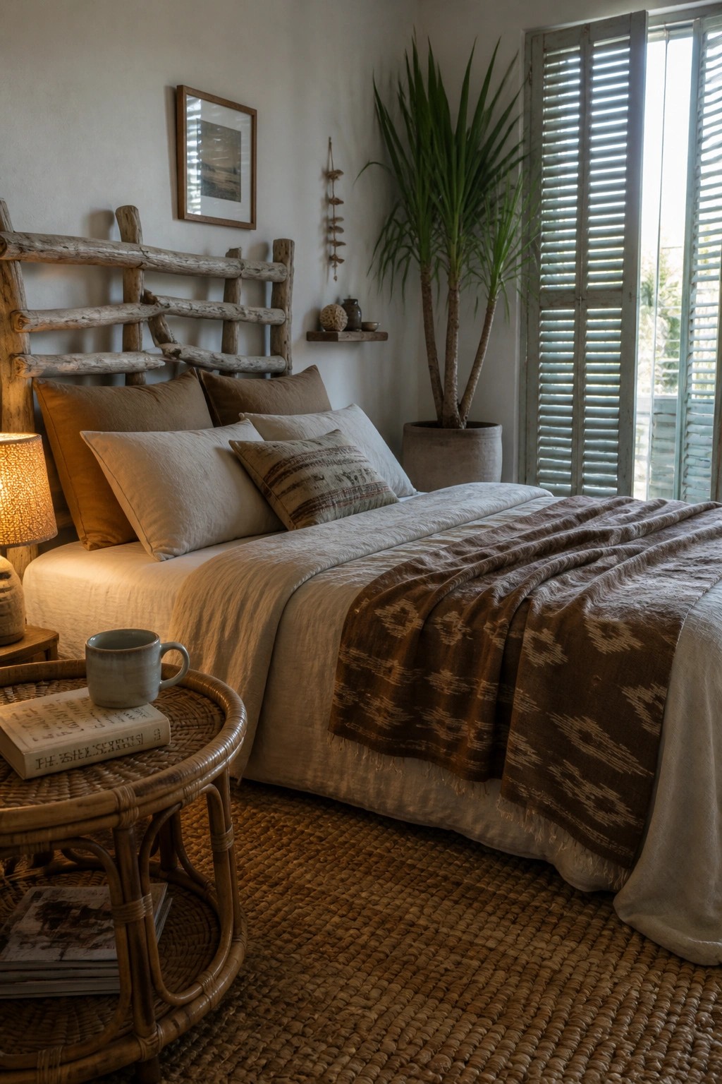 A bedroom featuring a rustic wooden headboard, layered neutral pillows and bedding, a brown patterned throw blanket, a woven jute rug, and a large potted plant beside a shuttered window.