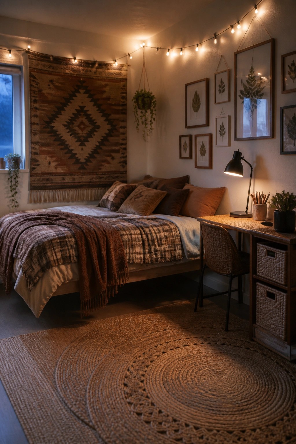 A bedroom with a low wooden bed layered in brown blankets and pillows, a large patterned tapestry on the wall above it, a round jute rug on the floor, and a wooden desk with a woven chair to the right.