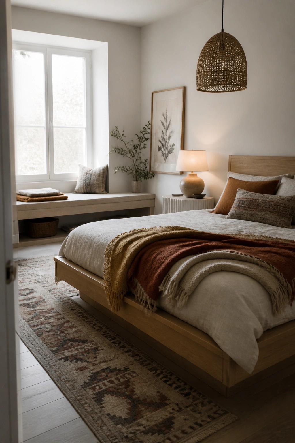 A bedroom featuring a low wooden bed with layered neutral bedding and multiple earthy-toned throws, a woven pendant light, and a patterned rug on light wood flooring.