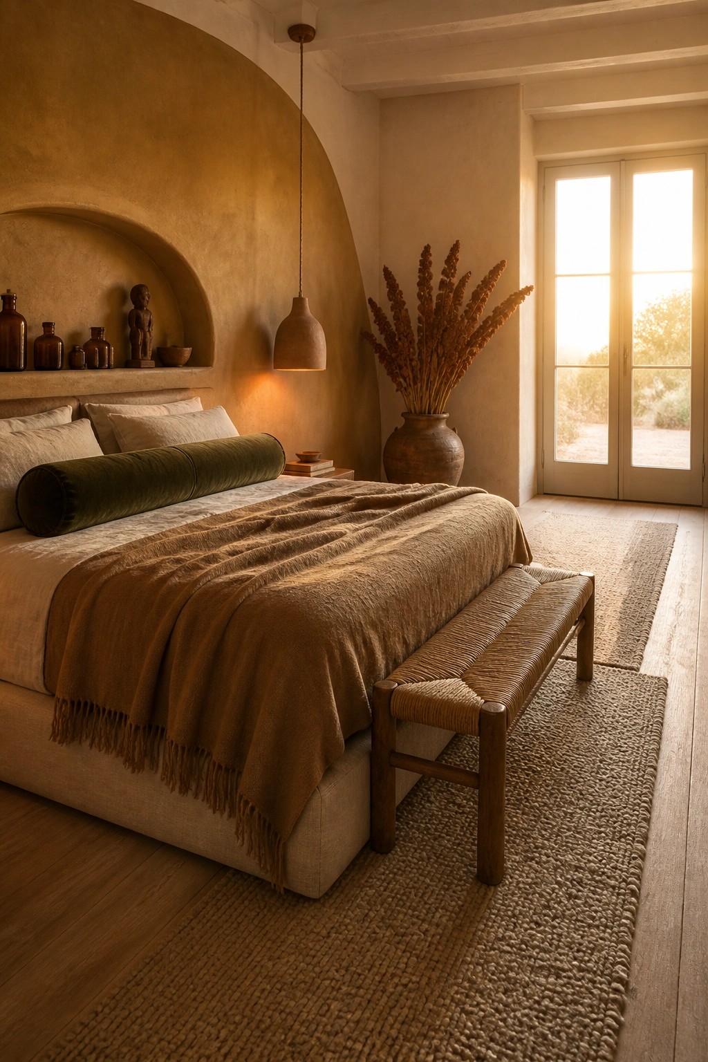 Earthy bedroom with beige bed, fringed brown blanket, woven bench, and dried plants vase