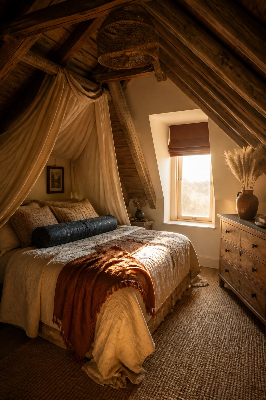 An attic bedroom with a bed covered in layered neutral and rust-colored textiles, a wooden dresser, and sunlight coming through a small window.