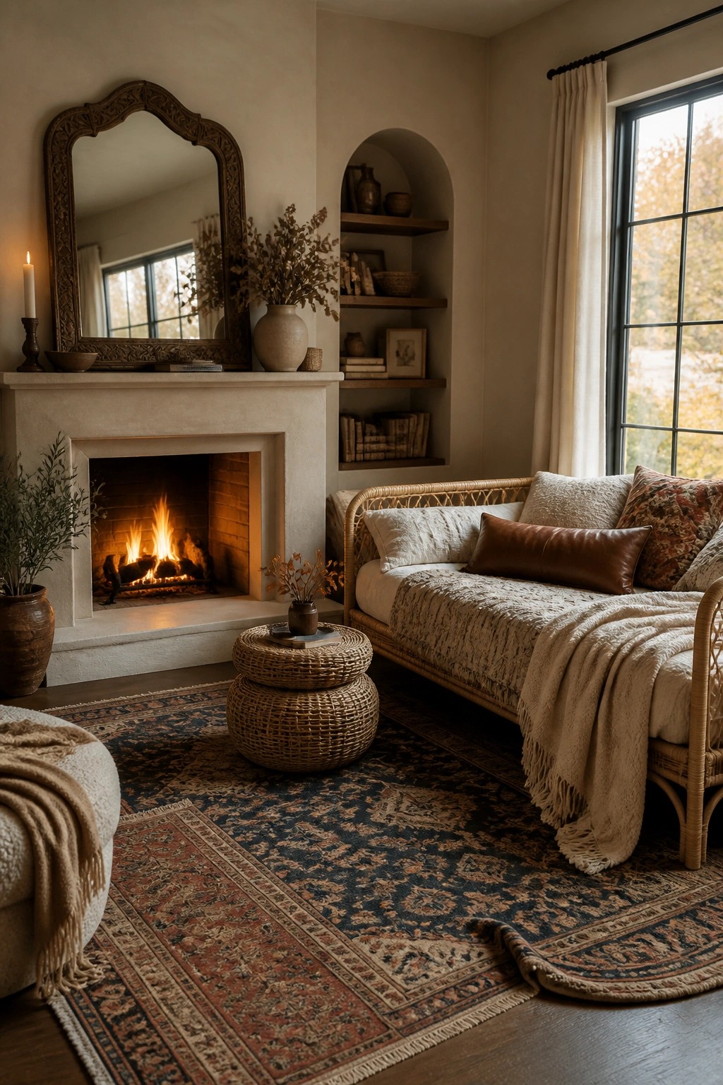A cozy bedroom interior with a rattan daybed covered in layered blankets and pillows, a lit fireplace, woven ottomans, and overlapping patterned rugs on the floor.