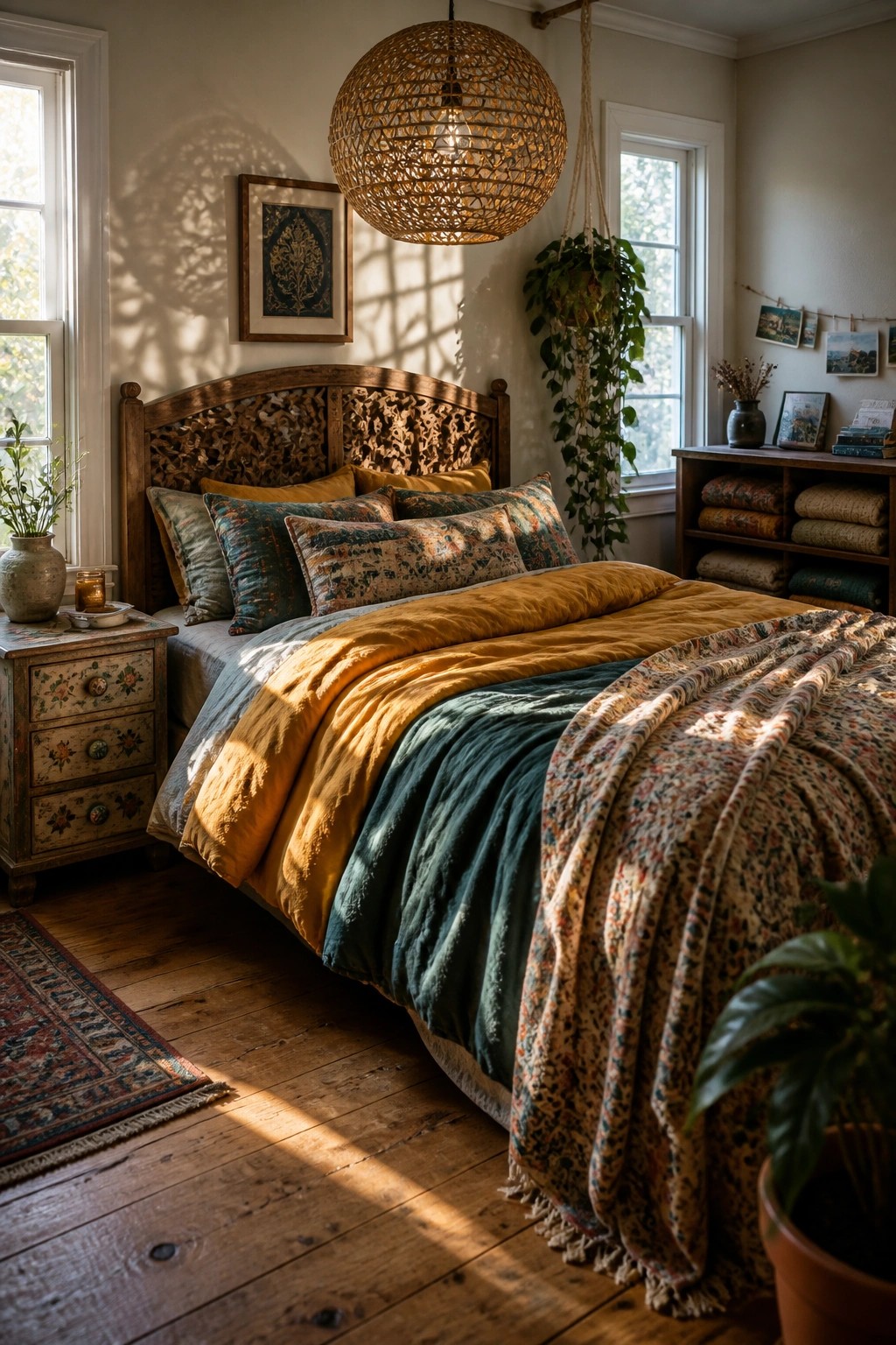 A bedroom featuring a wooden bed with multiple layers of mustard yellow and teal blankets, patterned pillows, and a large woven pendant light hanging above.