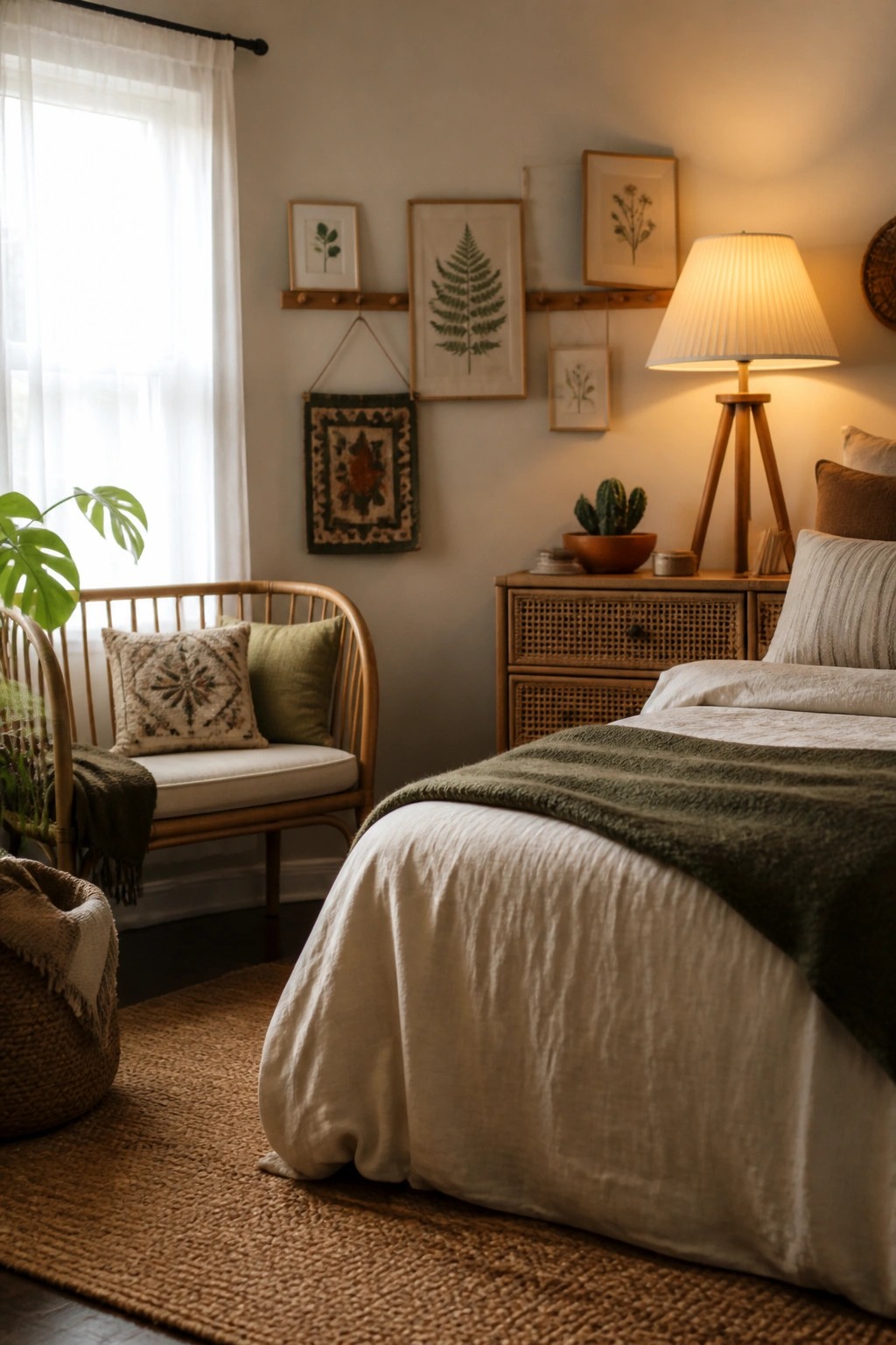 Cozy bedroom with white bed, green throw, rattan chair, and botanical wall art.