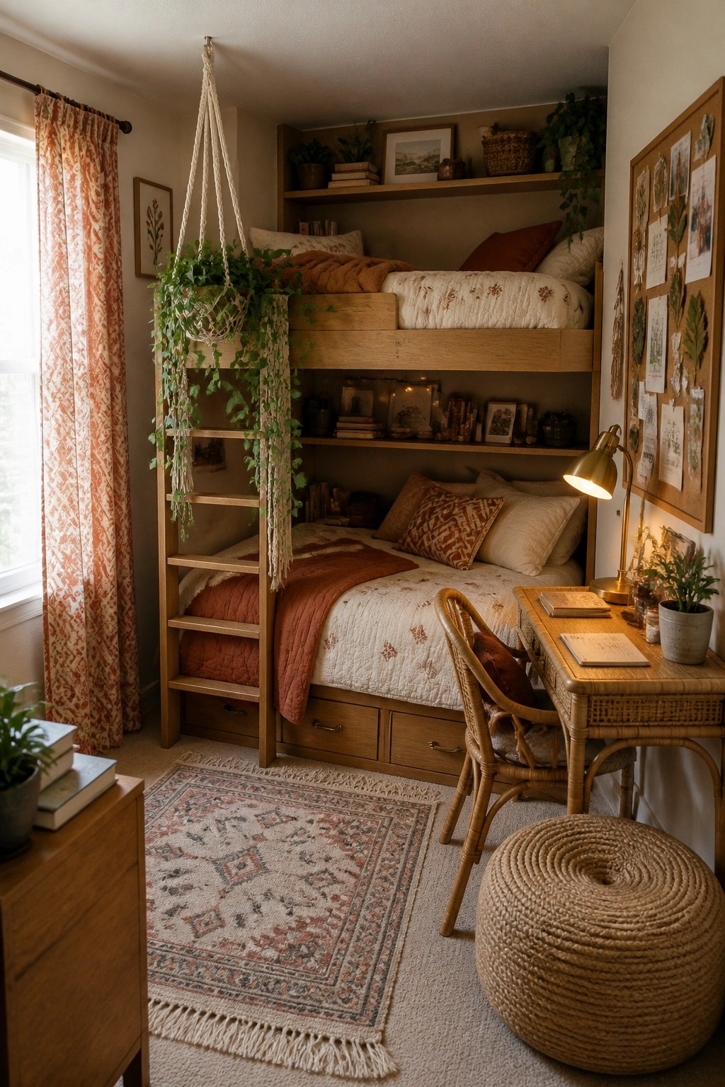 A wooden lofted bunk bed in a boho bedroom with terracotta and cream bedding, hanging plants, a desk with a rattan chair, and a patterned rug on the floor.