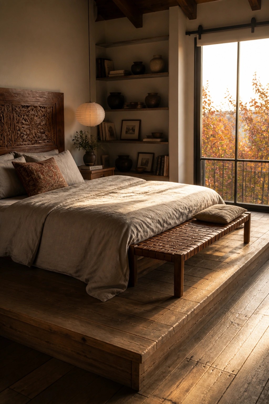 A bedroom with a bed on a raised wooden platform, neutral linens, a woven bench at the foot, and built-in shelves on the wall.