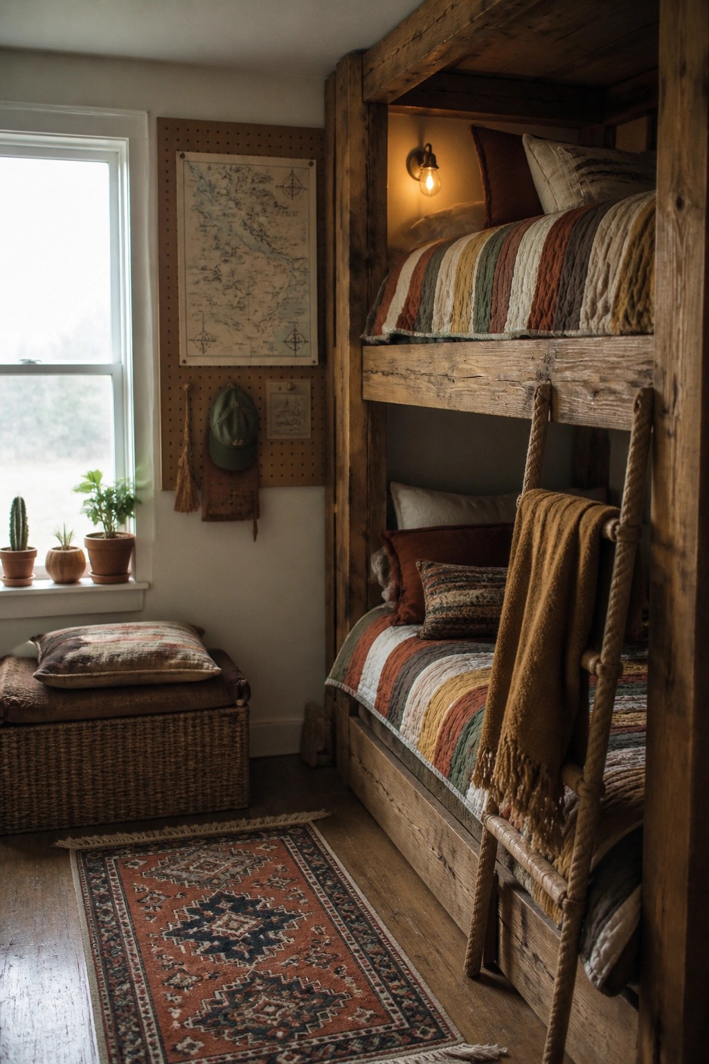 A rustic wooden bunk bed with striped quilts, a rope ladder holding a mustard throw, and a pegboard with a map on the wall next to a window.