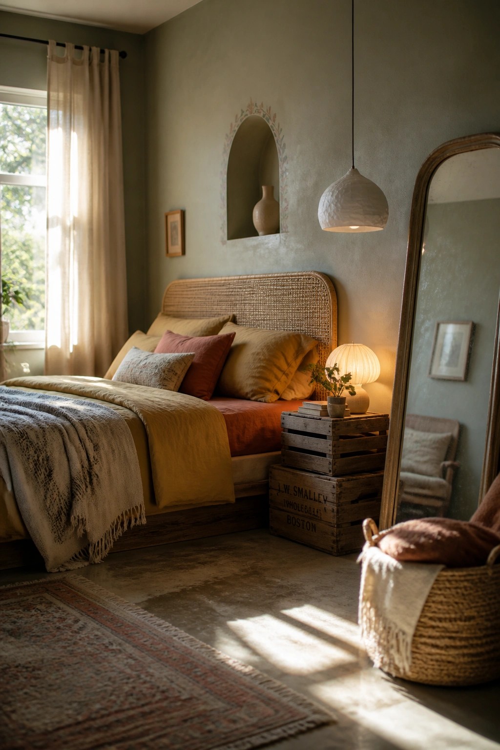 A bedroom with a woven rattan headboard, layered pillows and throws in earthy tones, wooden crate nightstands, and a large floor mirror.