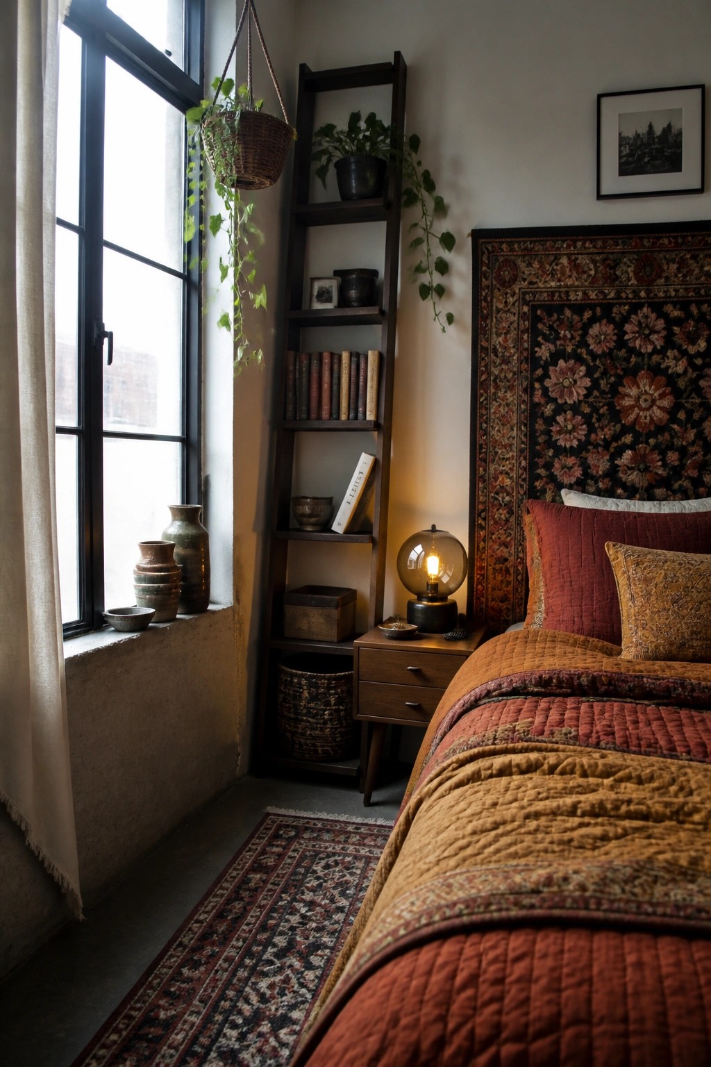 A bedroom corner with a tall leaning wooden shelf holding books and plants next to a bed with layered rust and mustard quilts, a glowing glass lamp on a wooden nightstand, and a large window with hanging plants.