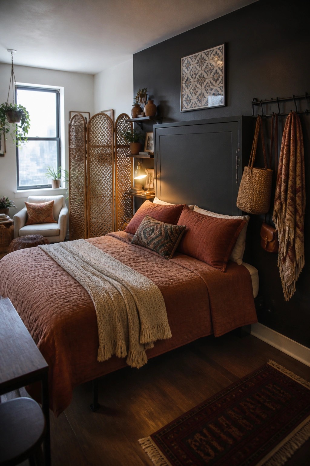 A bedroom with a bed made in rust-colored linens and pillows against a dark accent wall, next to a woven room divider and wall hooks holding bags.