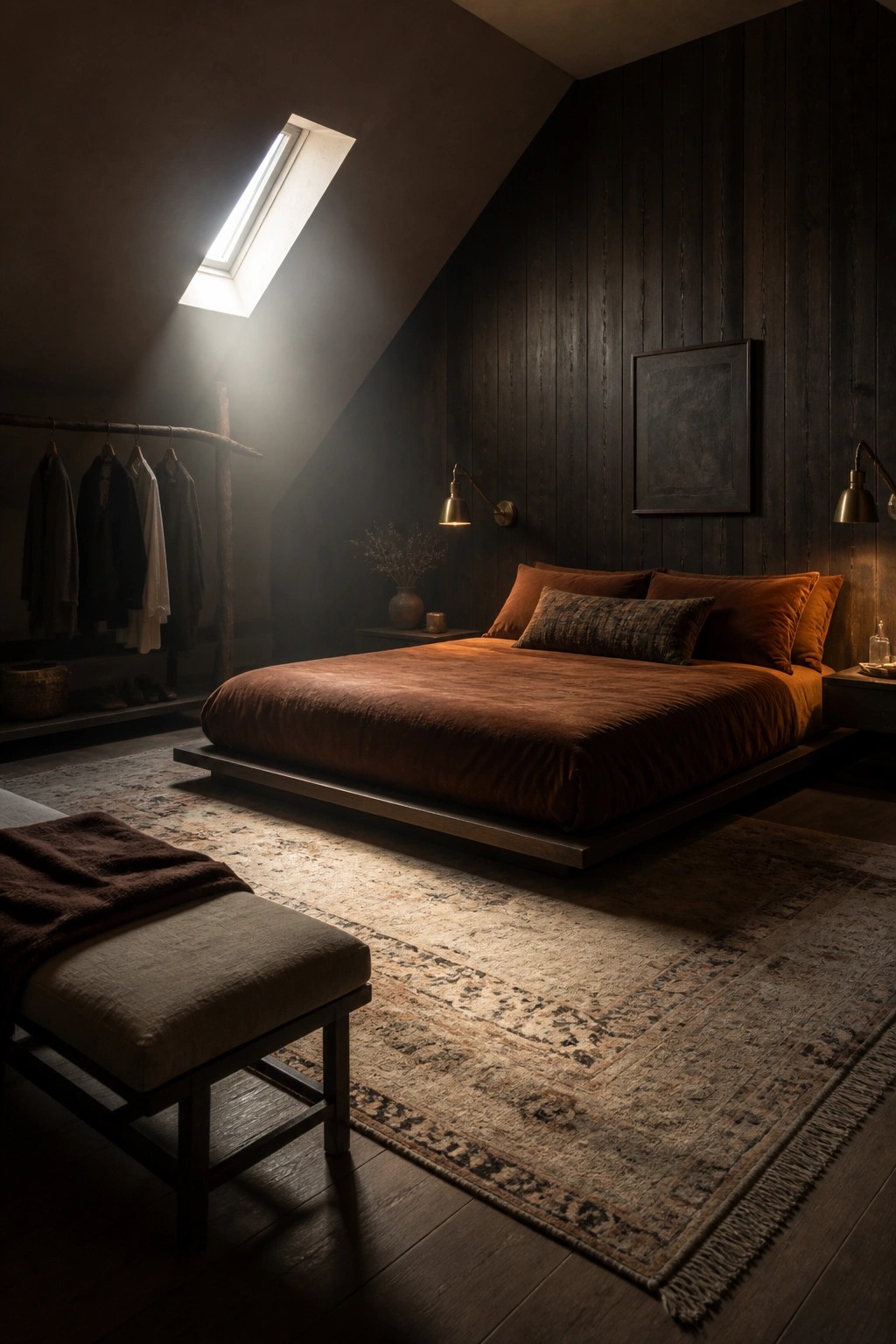 A bedroom with dark wood walls features a low platform bed covered in orange bedding, two rugs layered on the floor, and a skylight above.
