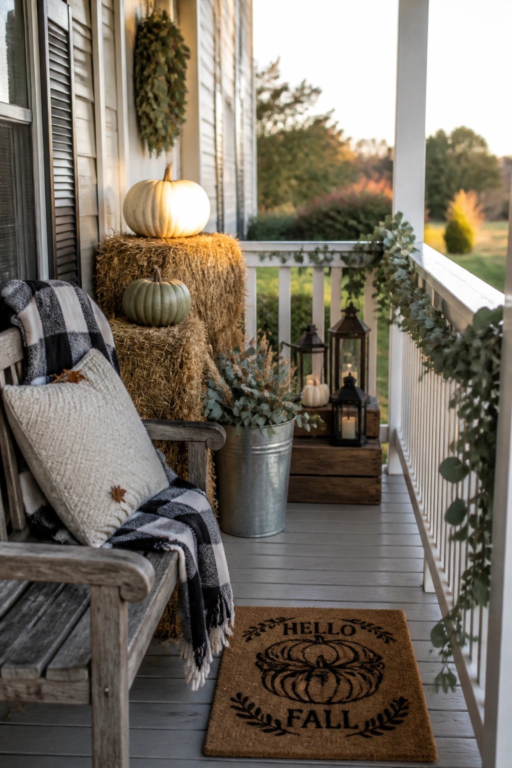 A front porch decorated for fall with a wooden bench, plaid throw, knitted pillow, stacked hay bales holding white and green pumpkins, metal lanterns, a galvanized bucket with greenery, and a pumpkin doormat on gray floorboards.