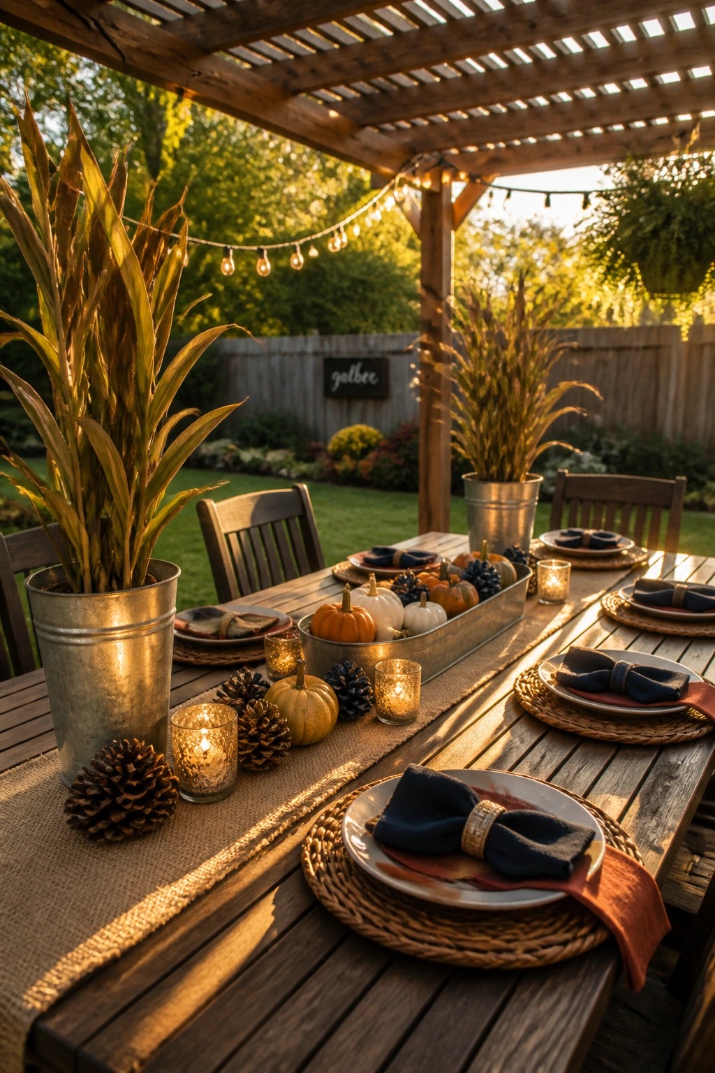 A wooden outdoor dining table under a pergola is set with plates, blue napkins, small pumpkins, pinecones, lit candles, and potted plants along a burlap runner.