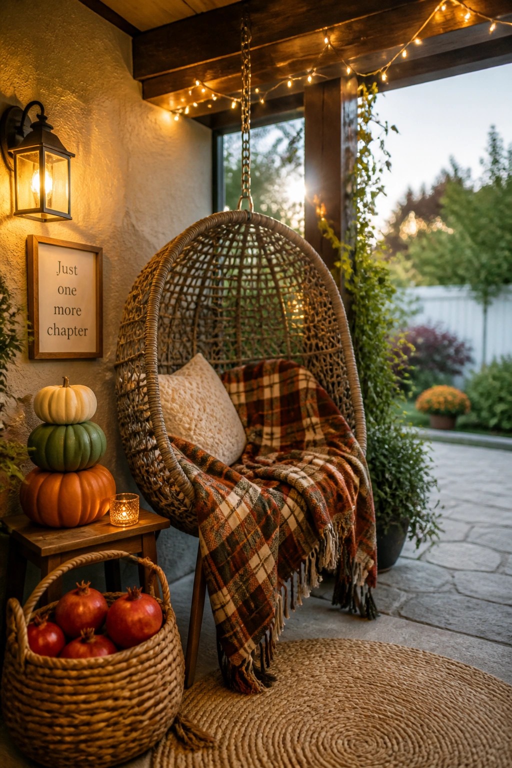 A wicker hanging chair with a plaid blanket and pillow sits on a porch beside stacked pumpkins and string lights.