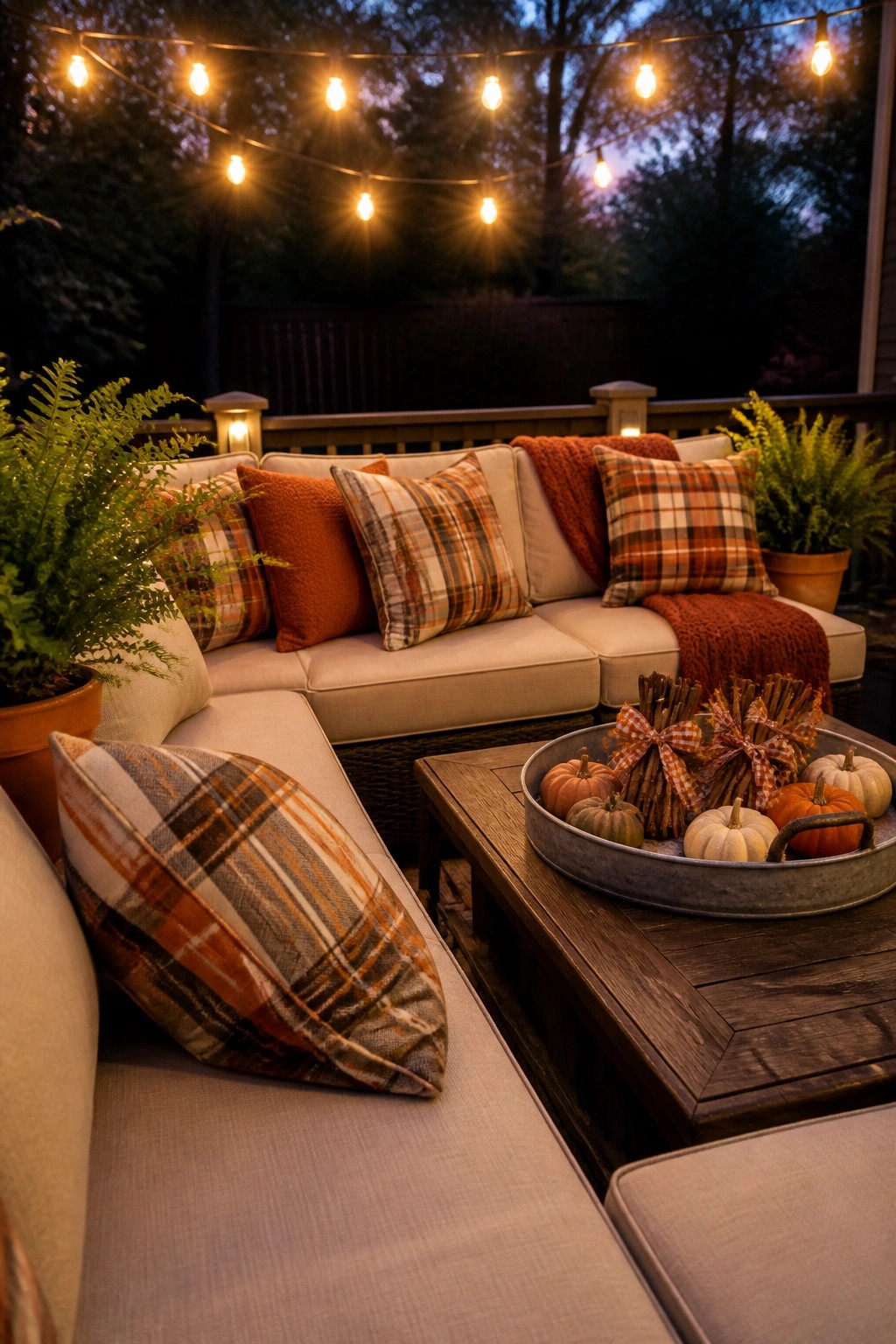 An outdoor sectional sofa with plaid and orange pillows plus red throws, a wooden coffee table with a metal tray of small pumpkins and twig bundles, and string lights overhead at dusk.