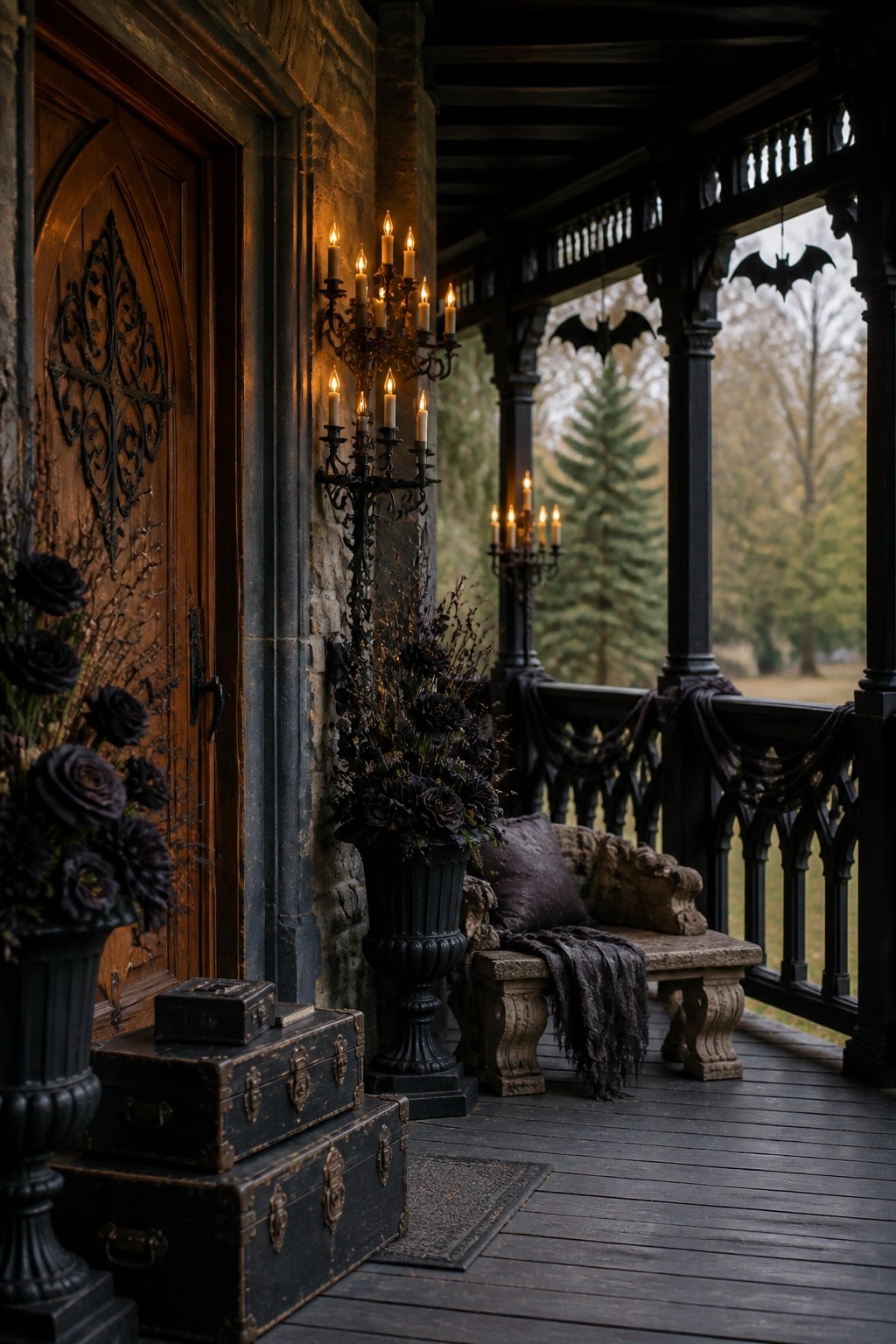 A gothic style wooden porch at dusk with tall black candelabras holding lit candles, black floral arrangements, a stone bench, and hanging bat decorations beside an ornate wooden door.