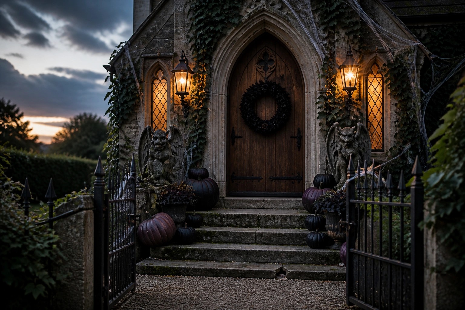 A gothic stone house entrance at dusk featuring a pointed arch wooden door flanked by two stone gargoyles on pedestals, with black pumpkins on the steps and lit lanterns.