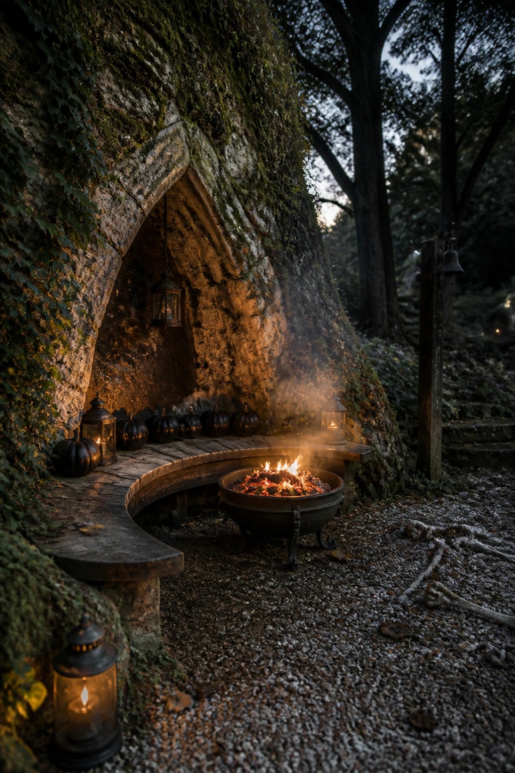 A lit fire pit sits on gravel in front of a mossy stone arch with a curved bench holding small pumpkins and lanterns.