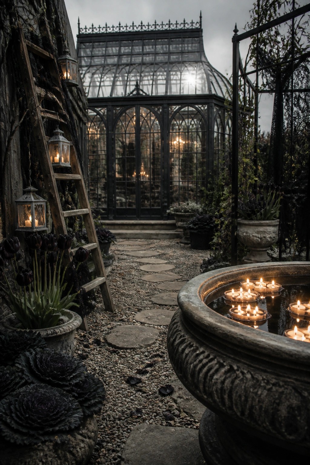 A gravel garden path leads toward a large glass greenhouse, with a weathered stone basin holding floating candles in the foreground and several lanterns on a wooden ladder beside dark potted plants.
