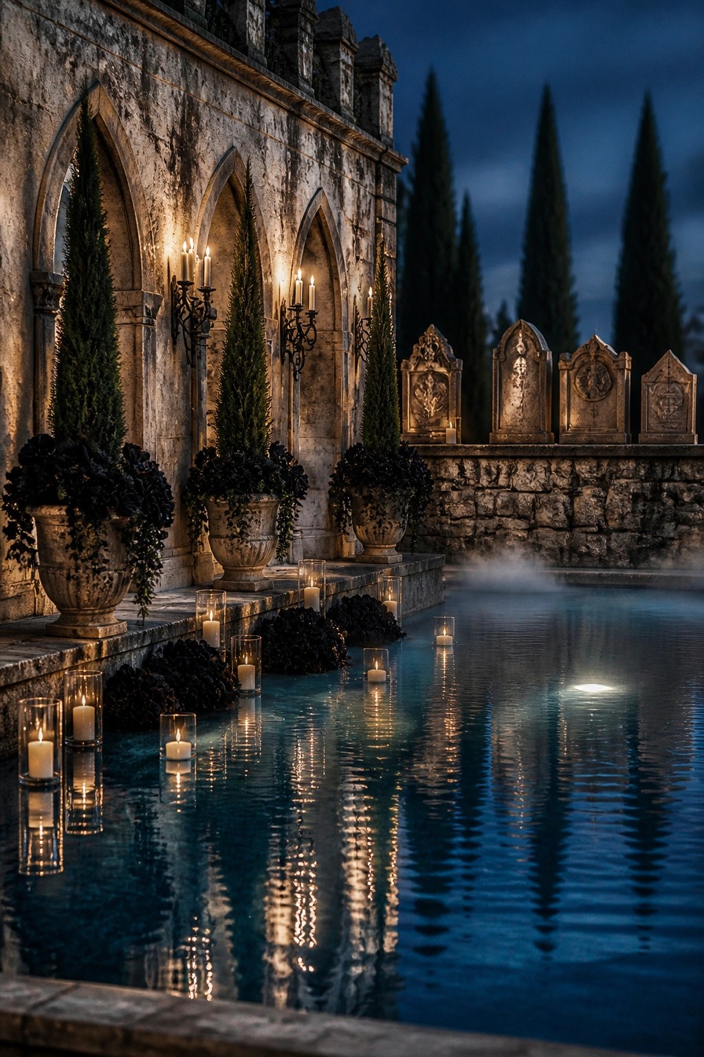 A nighttime view of a gothic stone building with arched windows beside a pool lined with floating candles in glass holders and tall cypress trees in the background.