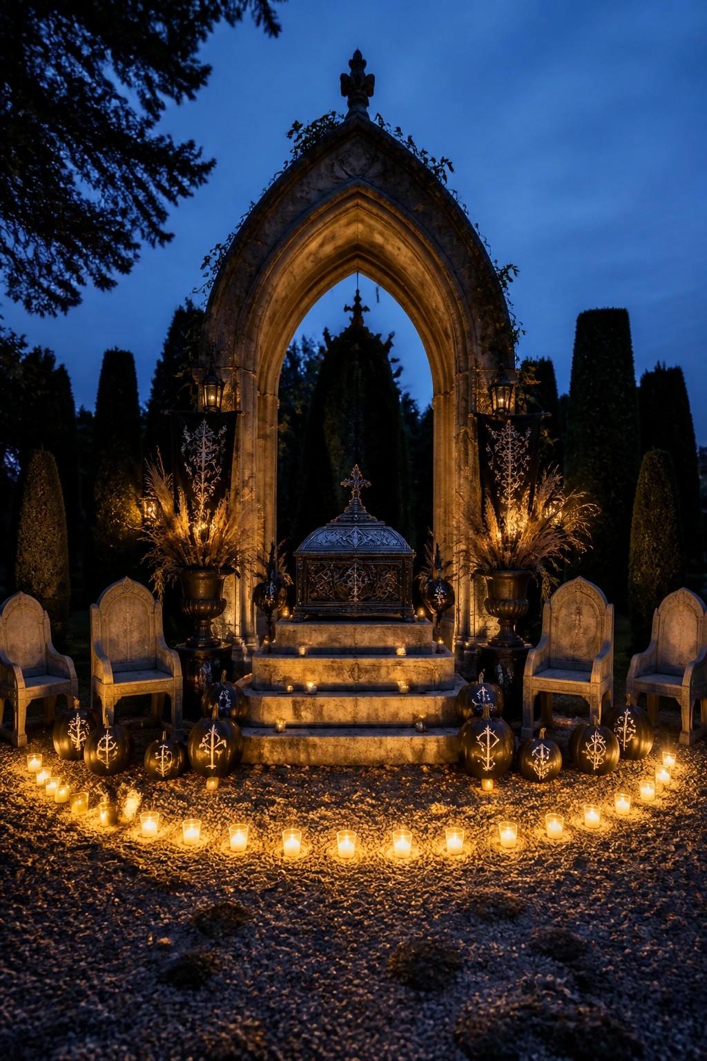 A stone gothic arch at dusk with an ornate metal coffin on the steps, flanked by two wooden chairs, black pumpkins, lanterns, and a circle of lit candles on the ground.