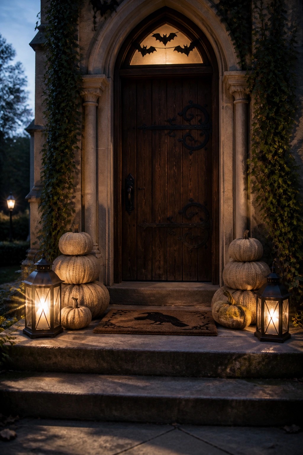 A dark wooden door set in a stone gothic arch, flanked by stacks of burlap-wrapped pumpkins and two lit lanterns on the steps.