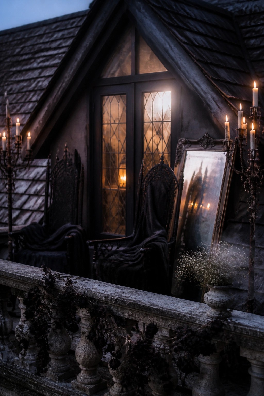Gothic balcony at dusk with ornate black chairs, lit candles, and leaning mirror.