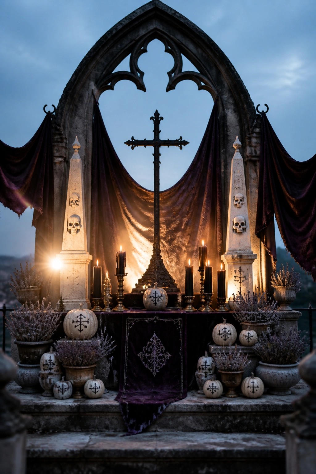 A gothic stone arch framed by purple drapes with black candles, white pumpkins, and skull-adorned obelisks arranged on a stone terrace at dusk.