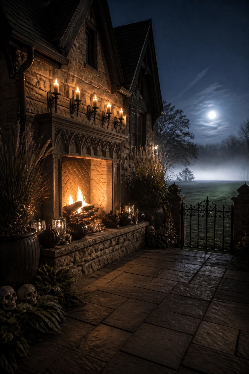 A gothic stone house exterior at night with a large lit outdoor fireplace, black pumpkins and candles along the stone ledge, skulls on the ground, and a misty field under a full moon.