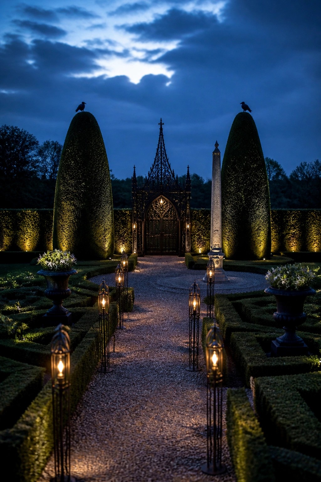A gravel garden path lined with tall black lanterns runs between clipped hedges and topiary toward an ornate gothic gate at dusk.