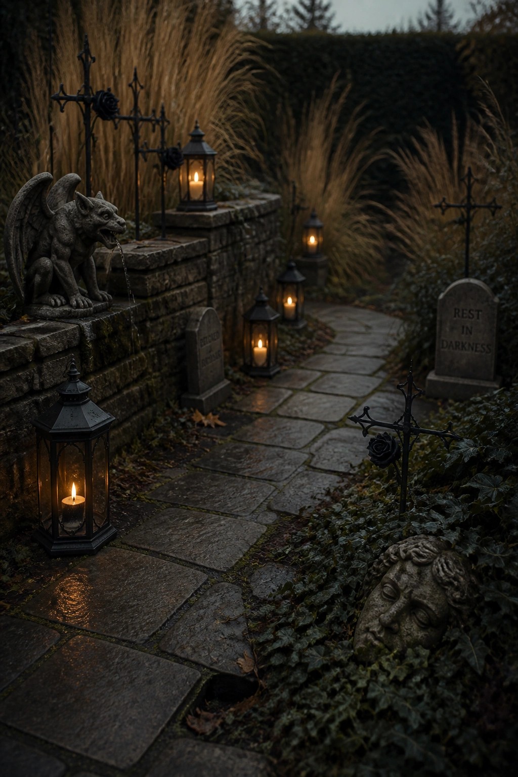A stone garden path at dusk lined with lit black lanterns, iron crosses, and a gargoyle statue on a low wall.