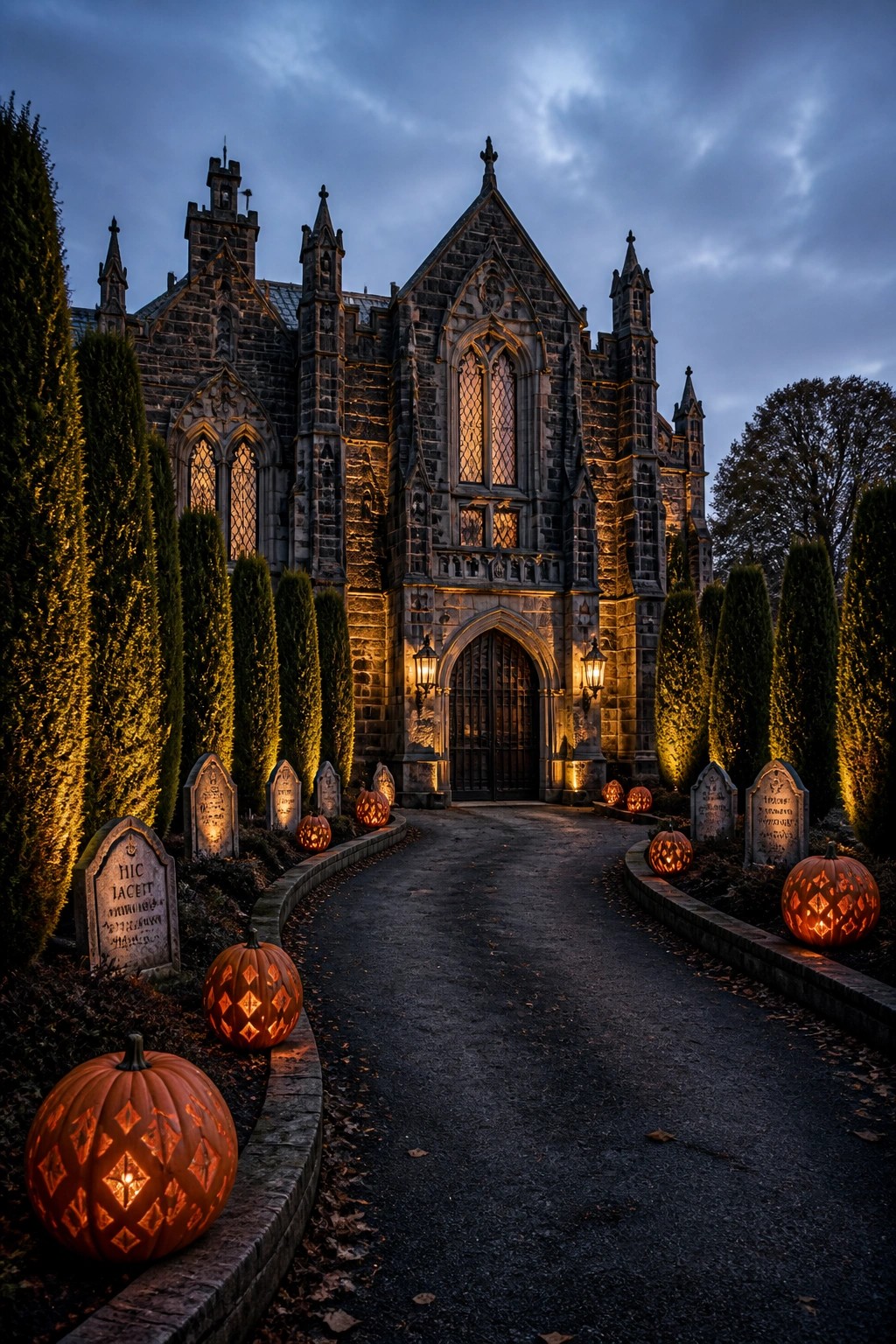 A gothic stone mansion at dusk with a curved paved path lined by carved pumpkins and gravestones.