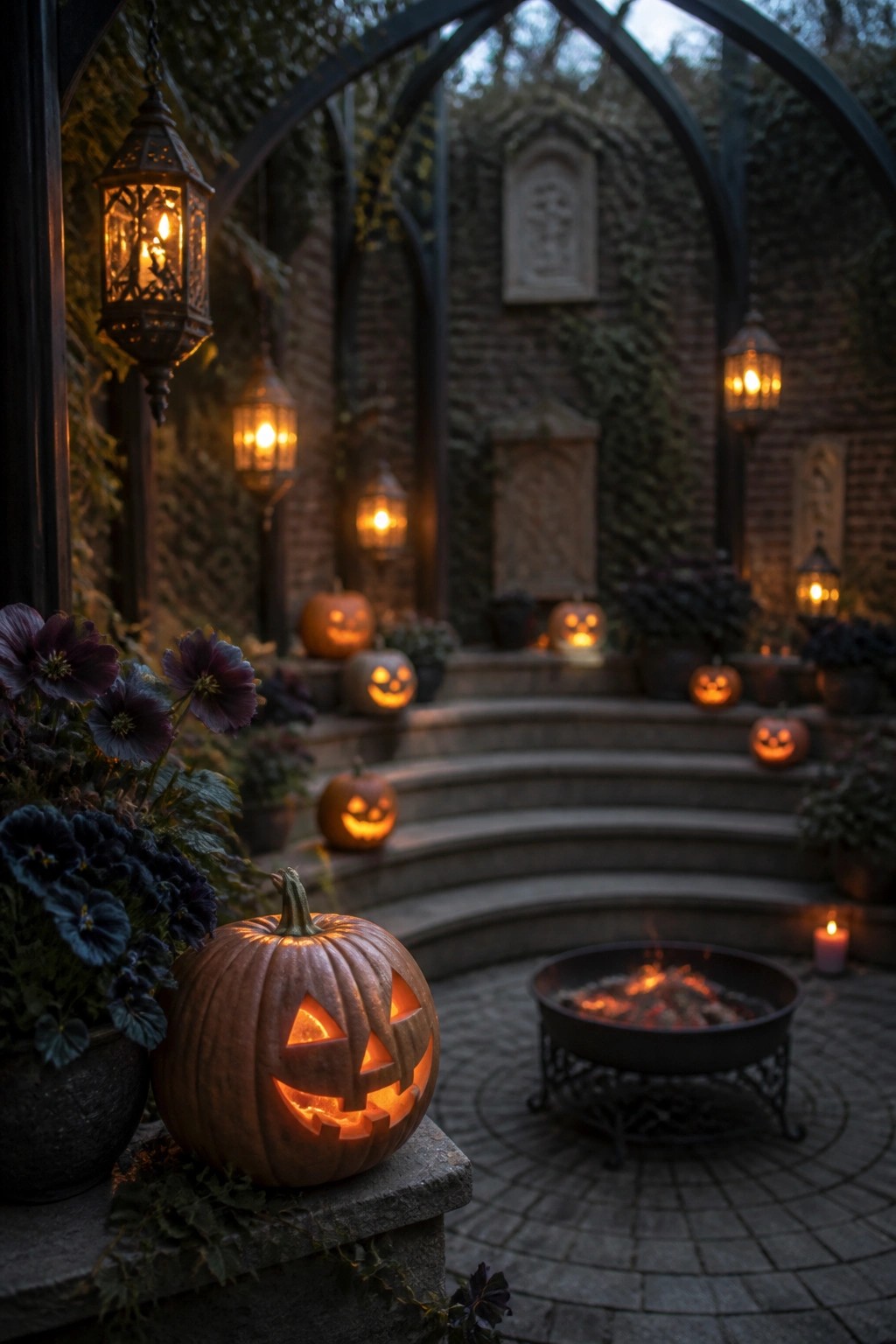 A gothic-style brick courtyard at dusk features a central fire pit surrounded by carved jack-o'-lanterns placed on stone steps and ledges, with several lit lanterns hanging nearby.