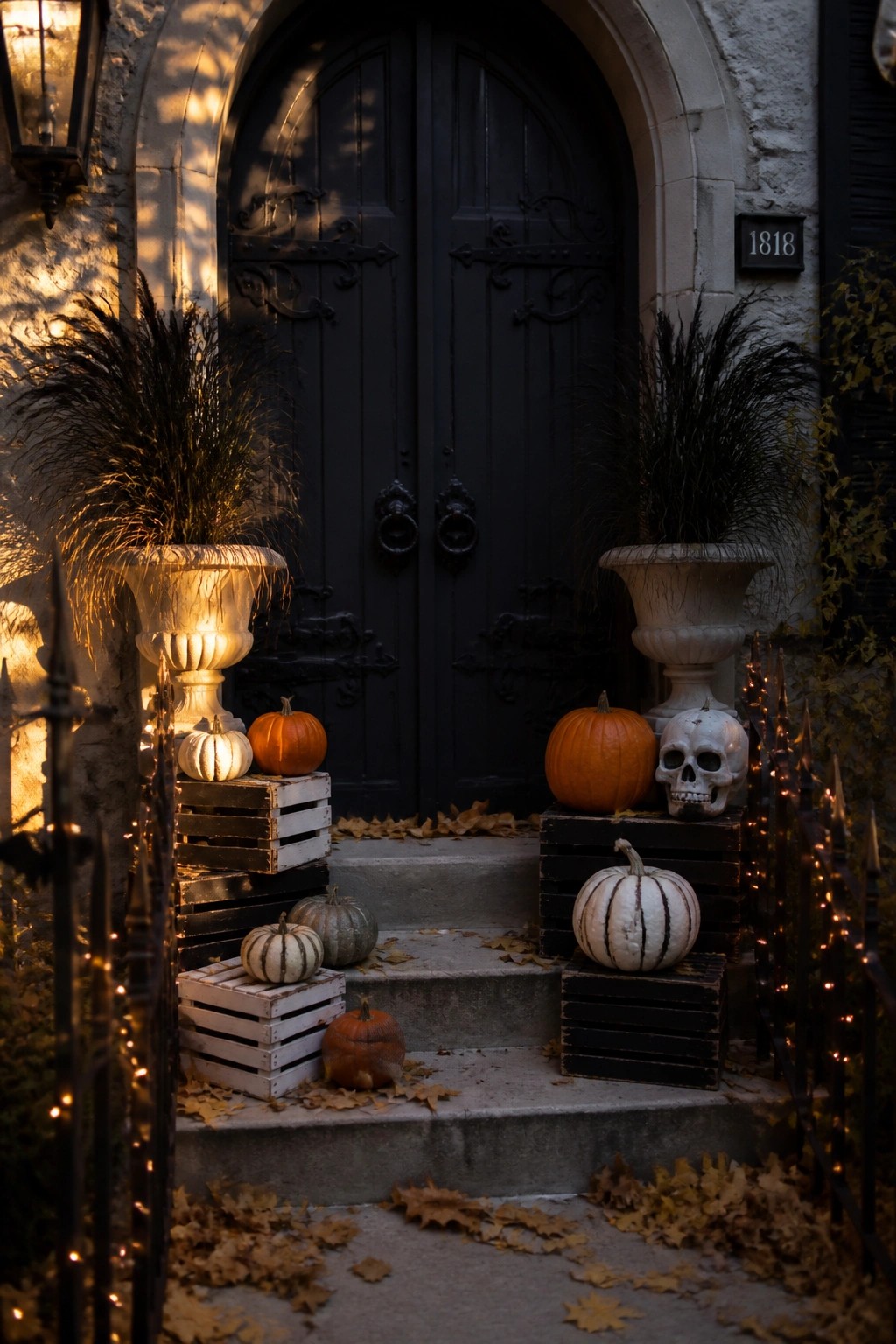 A black double door on a stone house entrance flanked by stacked wooden crates holding pumpkins, a skull, and tall dark grasses in urns.