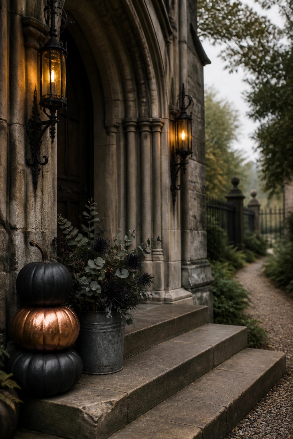 Stone entrance with glowing lanterns, stacked black and copper pumpkins on steps