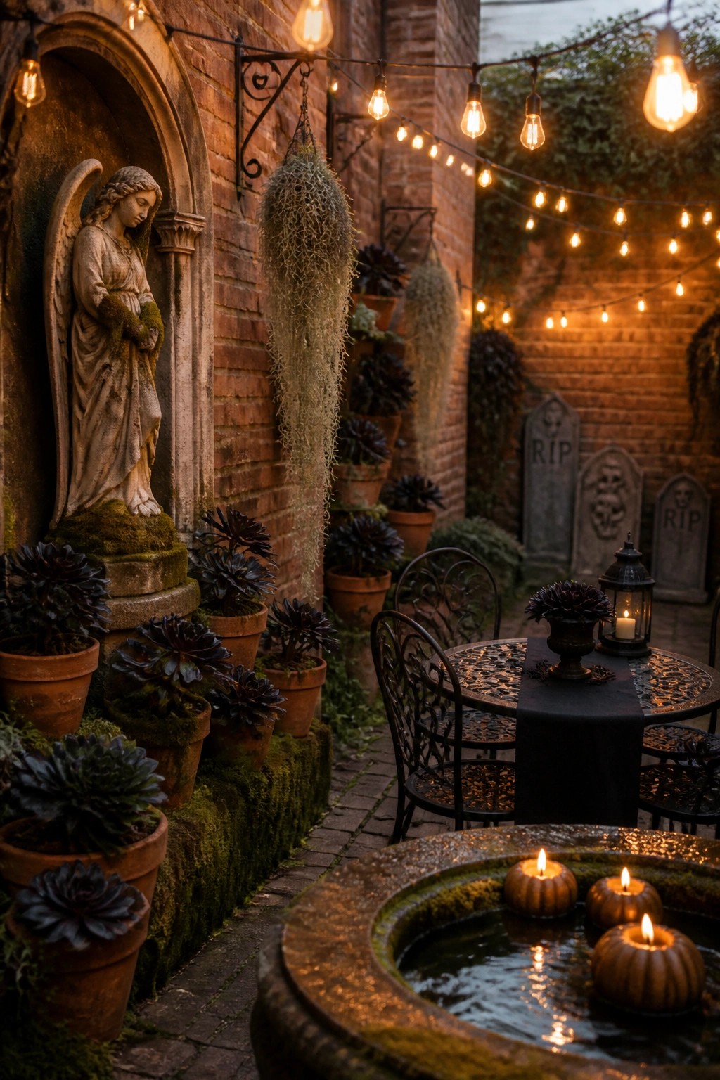 A brick courtyard at dusk features string lights overhead, an angel statue on the left, potted plants, a metal table and chairs, gravestones in the background, and a stone fountain with lit pumpkin candles.