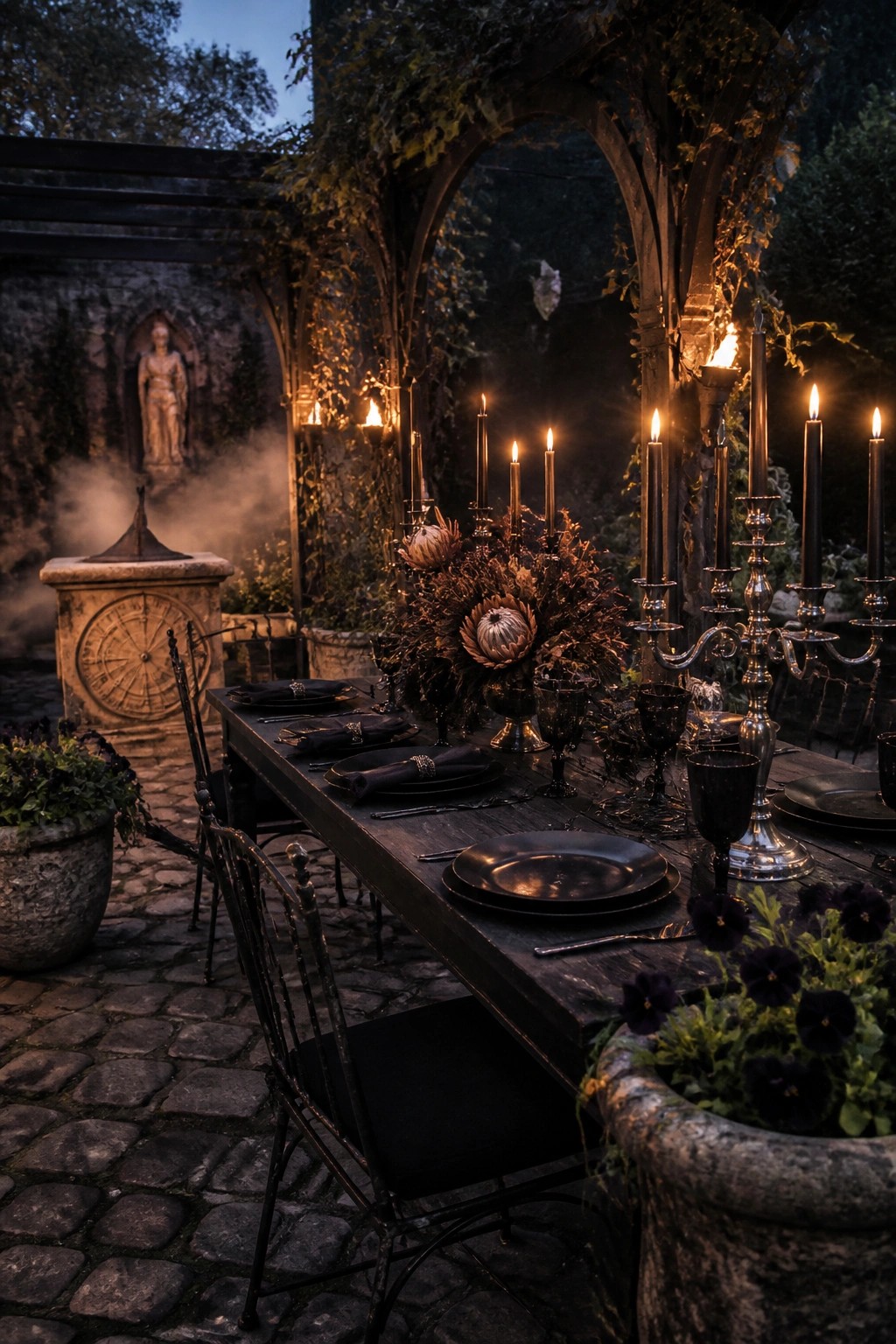 A long dark wooden dining table set outdoors under stone arches, covered with black plates, dark glassware, and multiple tall lit candles in silver candelabras, surrounded by potted plants and gothic garden features.