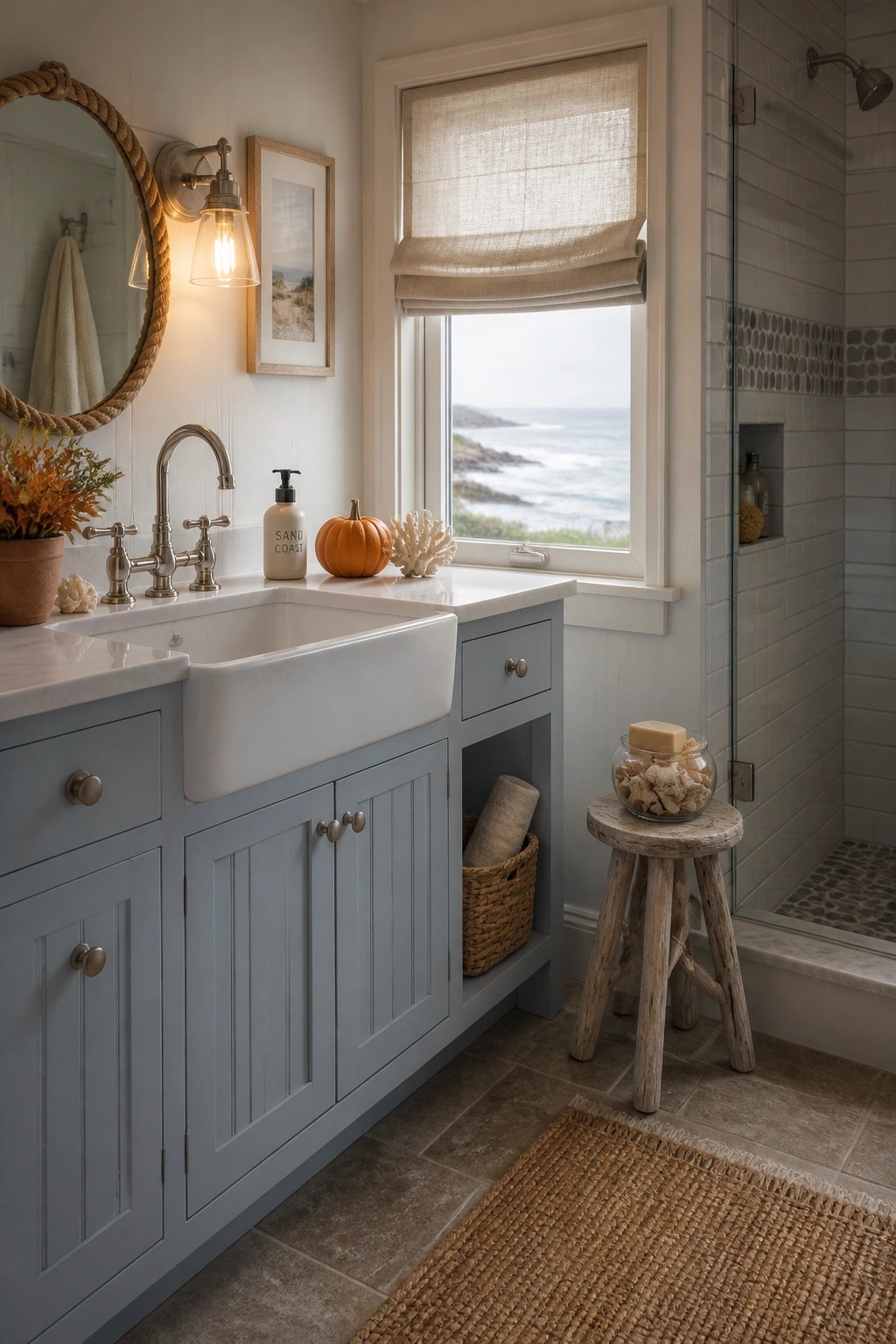 A coastal bathroom with blue-gray vanity, white farmhouse sink, jute rug on the floor, and woven basket inside an open cabinet shelf.