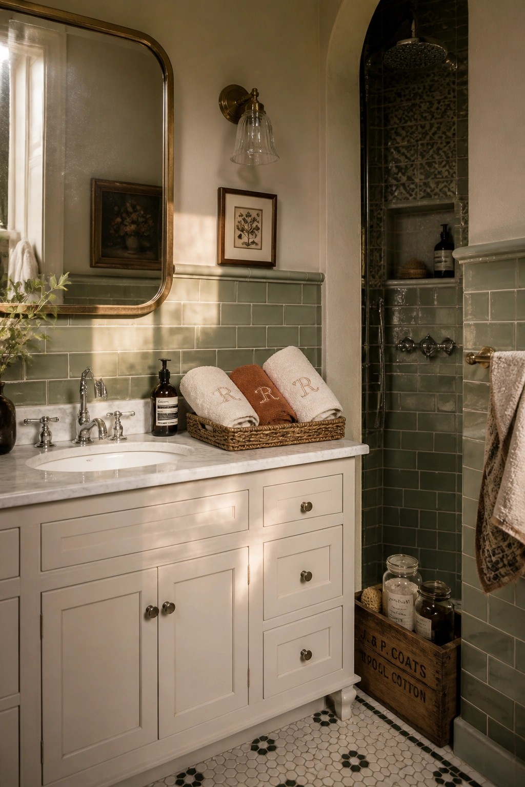 A bathroom vanity with white cabinetry and marble countertop holds a wicker basket of rolled towels beside the sink, with green tile walls and a shower area visible.