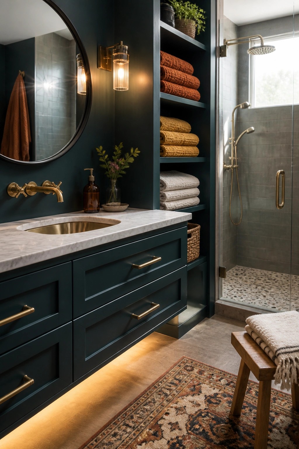 A bathroom with dark teal built-in vanity and open shelves holding stacked towels in rust, mustard, and white tones beside a glass shower enclosure.