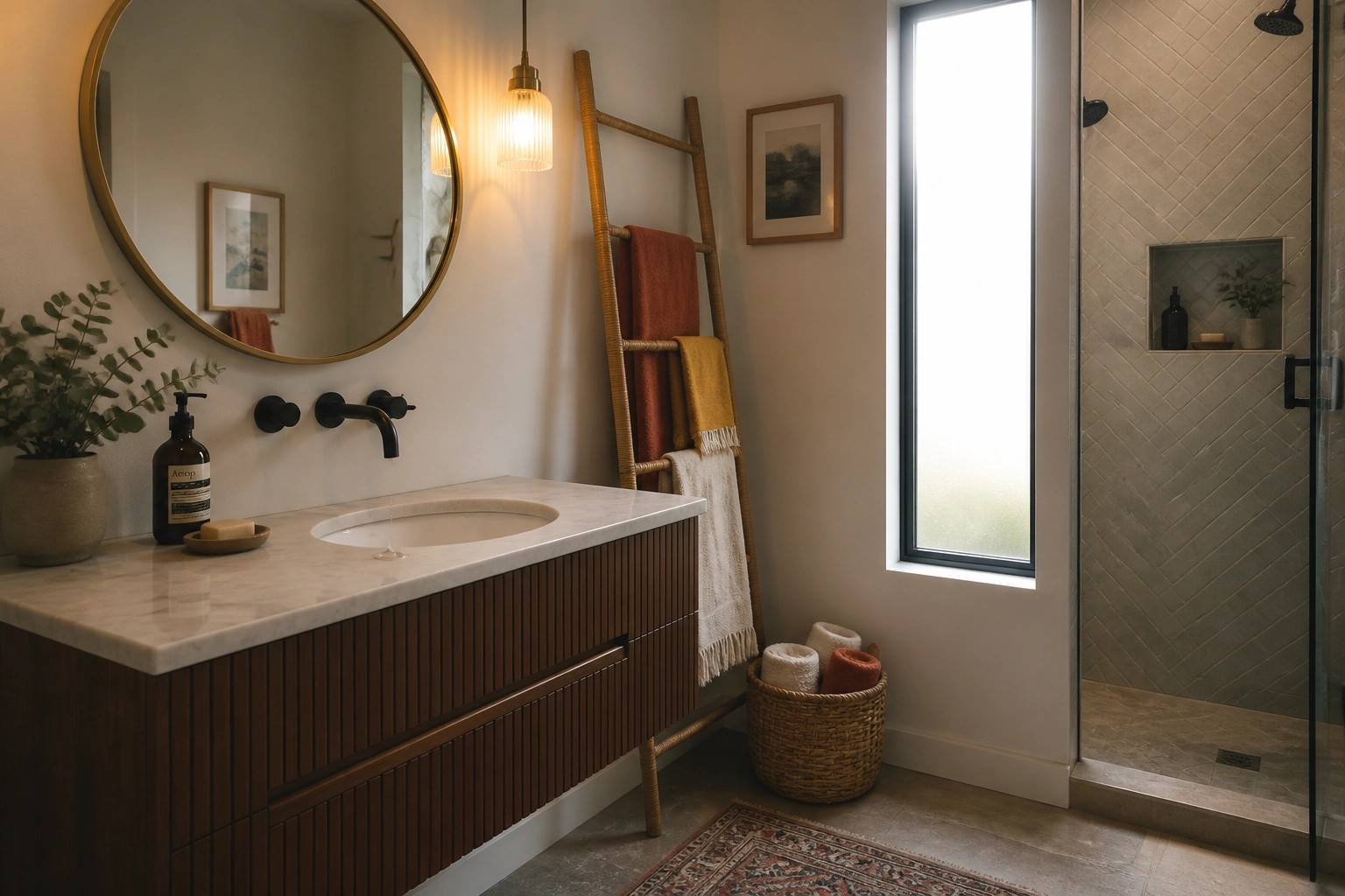 Modern bathroom with wooden vanity, round gold mirror, and bamboo towel ladder.
