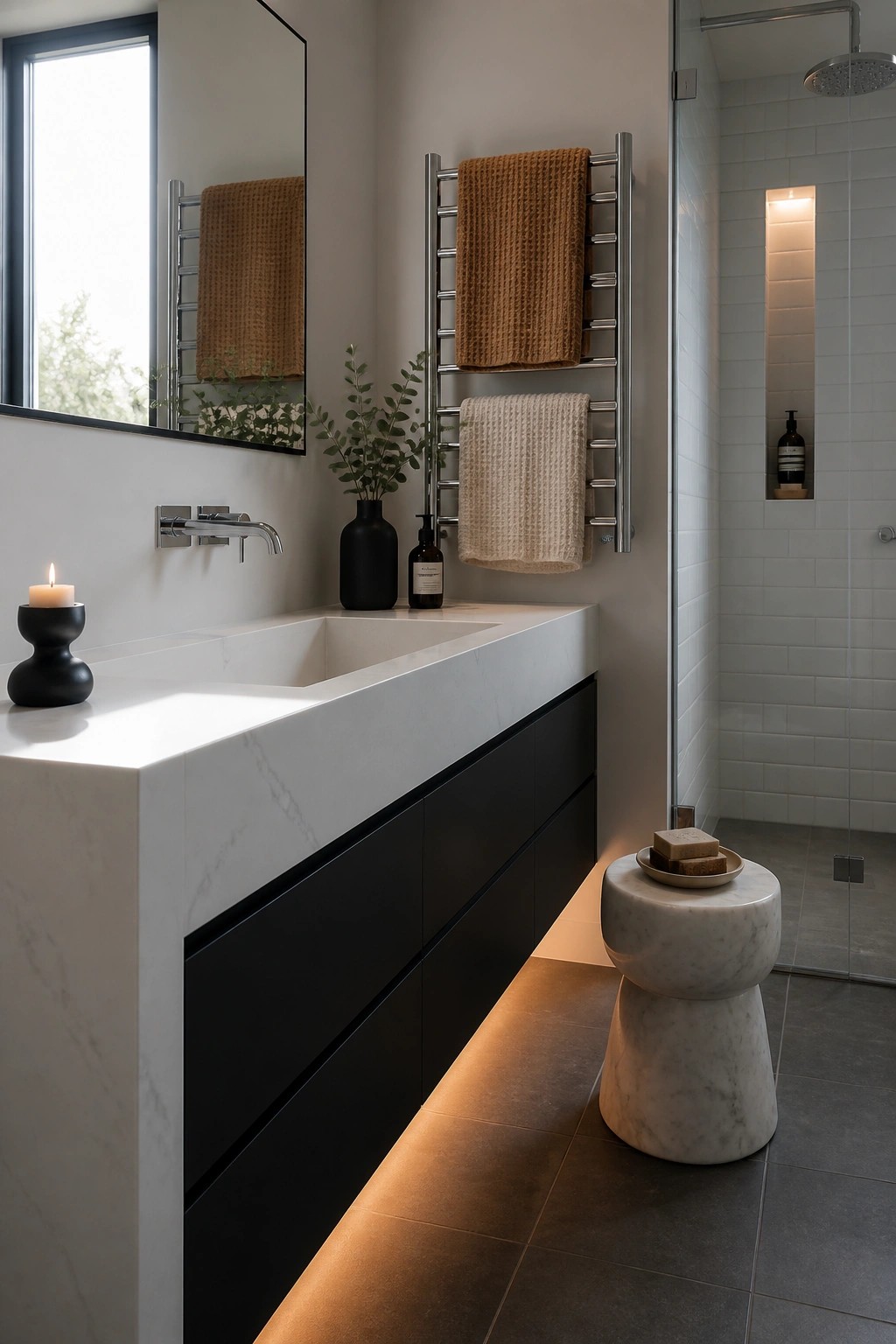 A modern bathroom with a long white marble vanity, black cabinets, a chrome heated towel rack holding brown and beige textured towels, and a marble stool near the shower.