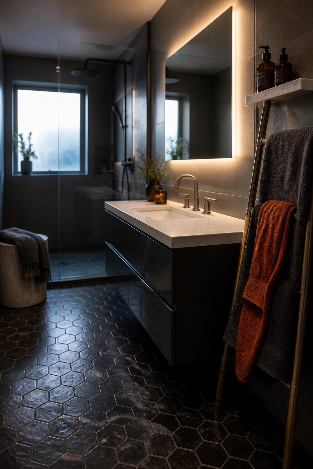 A modern bathroom with a floating dark vanity, white marble countertop, backlit mirror, and a gold towel ladder holding layered gray and orange towels.