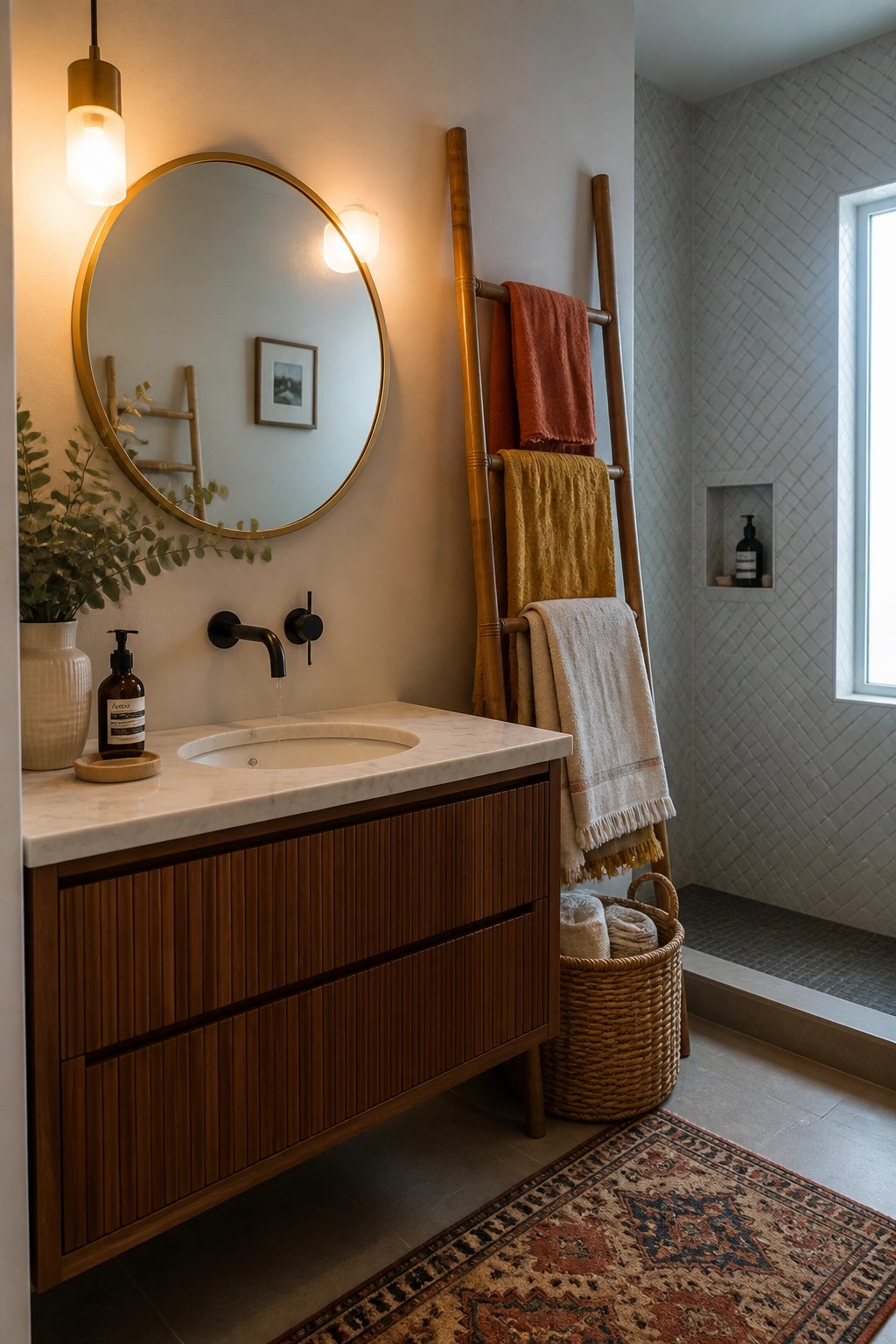 Modern bathroom with wooden vanity, round gold mirror, and bamboo towel ladder.