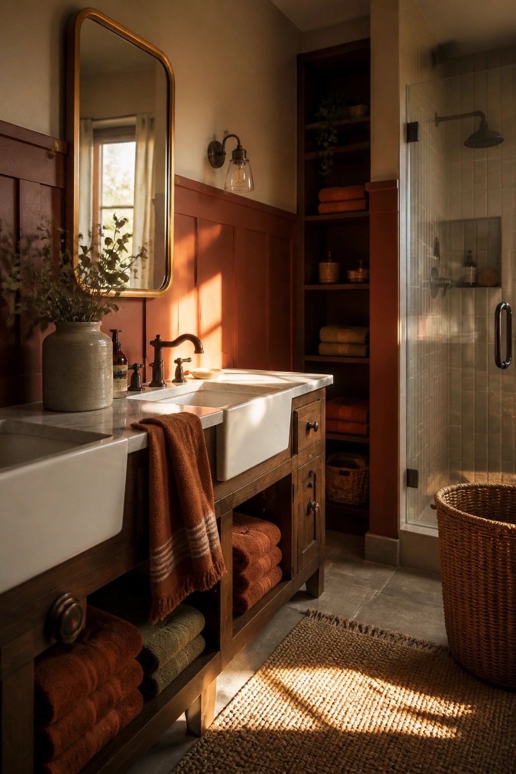 A bathroom with two white farmhouse sinks on a wood vanity, stacks of rust and olive towels on open lower shelves, a woven rug on the floor, and a glass shower visible to the right.