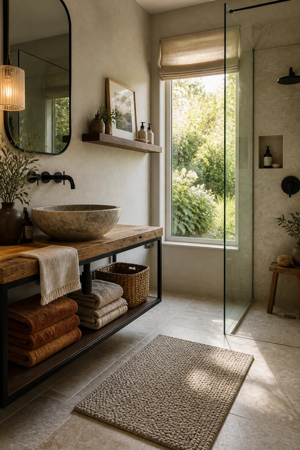 A modern bathroom featuring a wooden vanity with a stone vessel sink, multiple stacks of folded towels in brown and beige tones on open shelves, a woven basket, and a large window with a view of greenery.