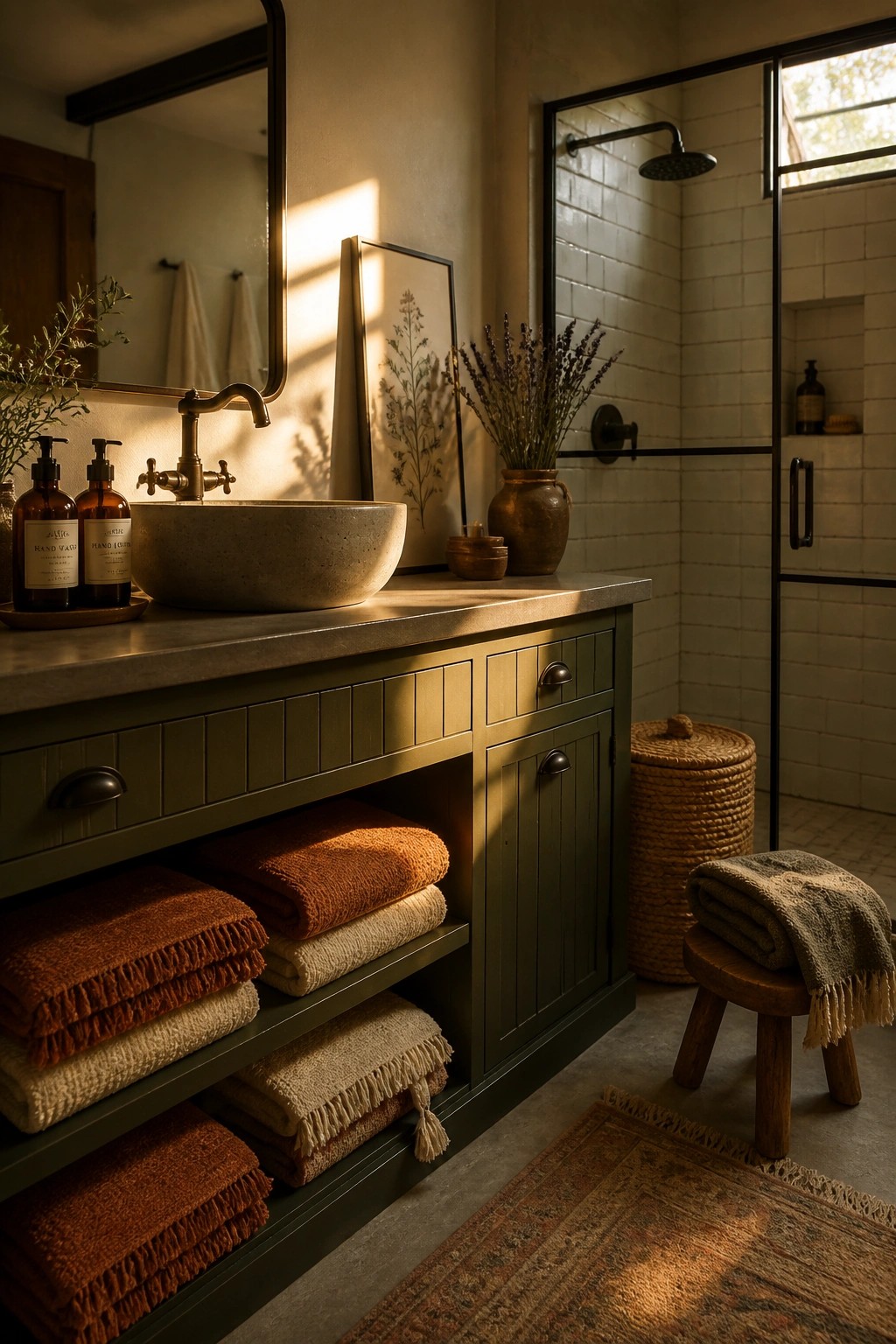 A bathroom scene showing a green vanity with open shelves holding stacked rust and beige towels, a stone vessel sink, and a shower enclosure visible to the right.