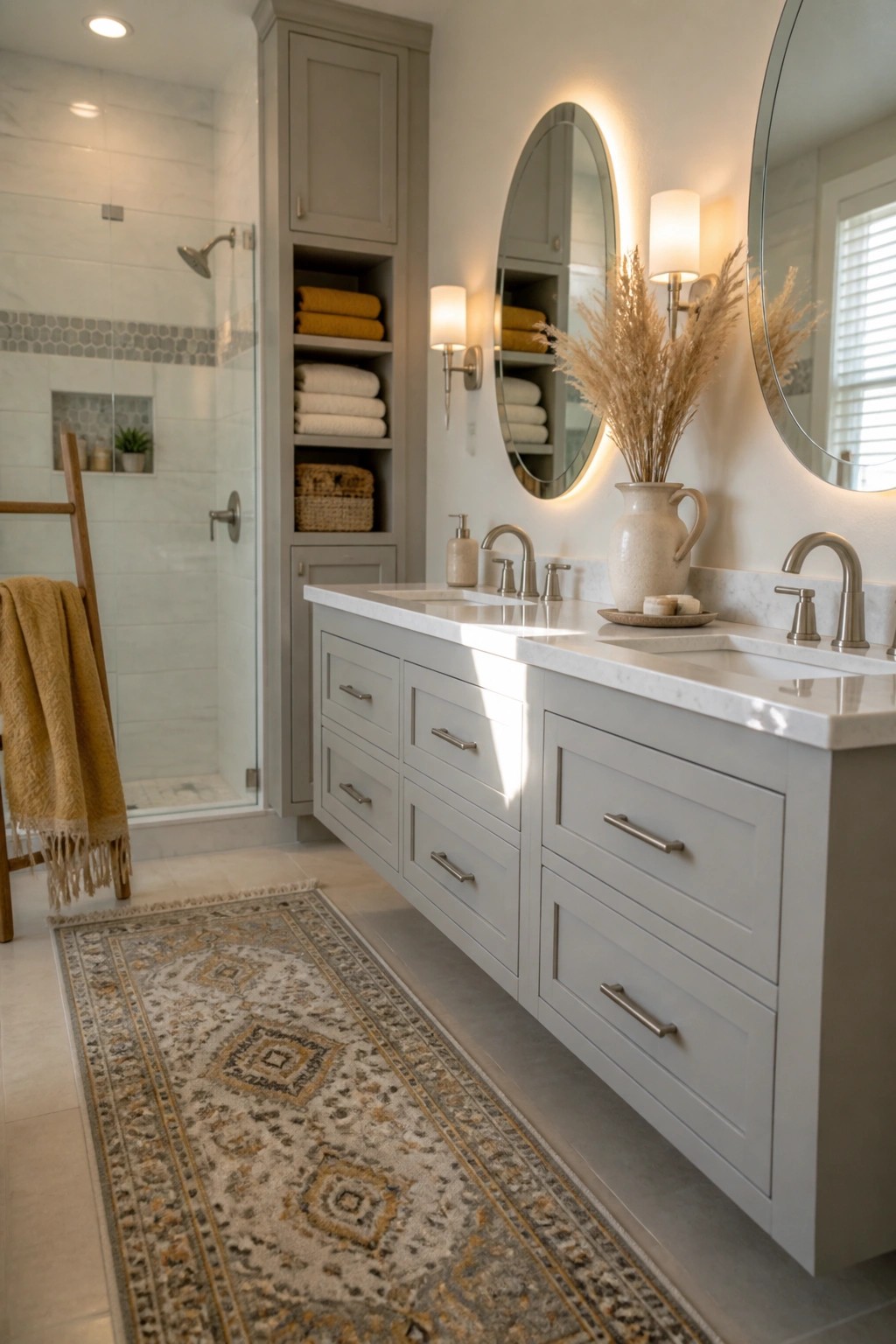 A bathroom with a long white double vanity, two oval mirrors, and a tall gray cabinet showing open shelves filled with neatly stacked white and mustard towels.