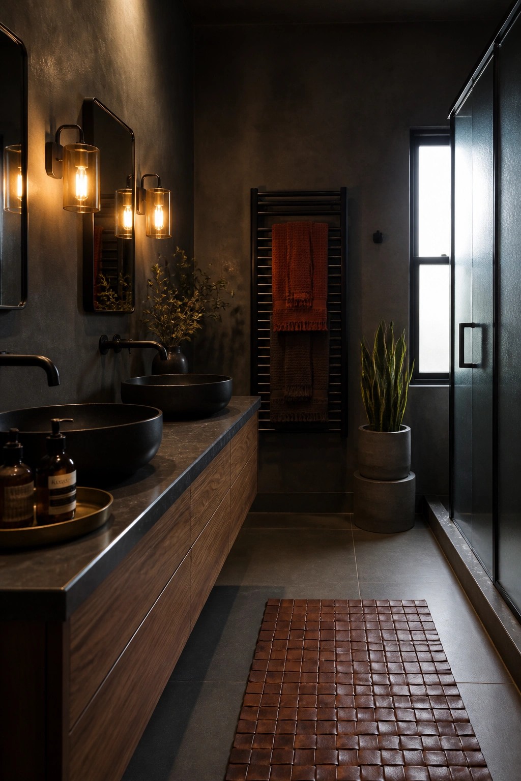A dark modern bathroom with a long wooden vanity, two black vessel sinks, warm wall sconces, and a brown woven leather runner on the floor.