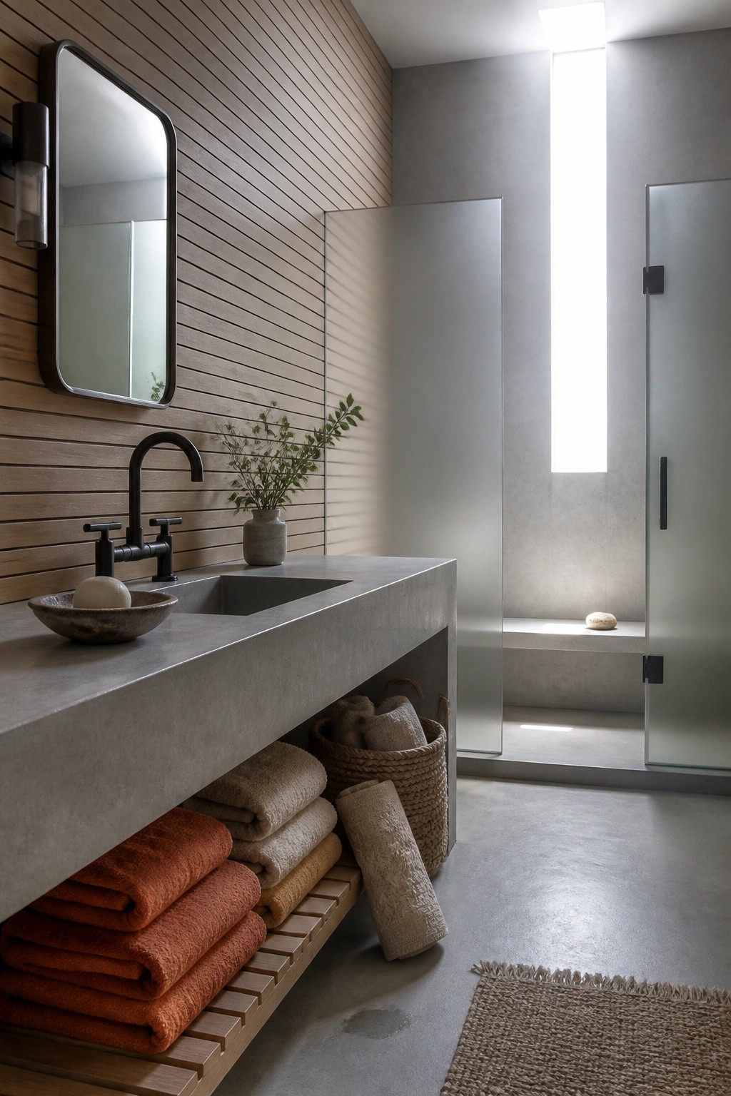 A modern bathroom with a concrete floating vanity, black faucet, and open wooden shelves holding stacked orange and beige towels plus a woven basket, next to a glass shower enclosure.
